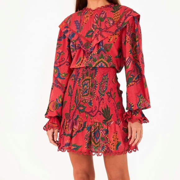 FARM Rio Dresses & Skirts - FARM Rio Red Floral Paisley Mini Dress with Ruffle Collar